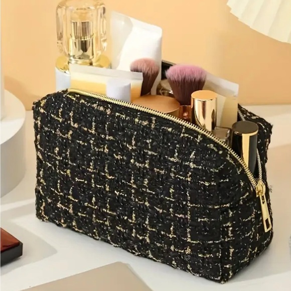 NIP BLACK GOLD TWEED DESIGNER INSPIRED COSMETICS TRAVEL BAG - Picture 5 of 6